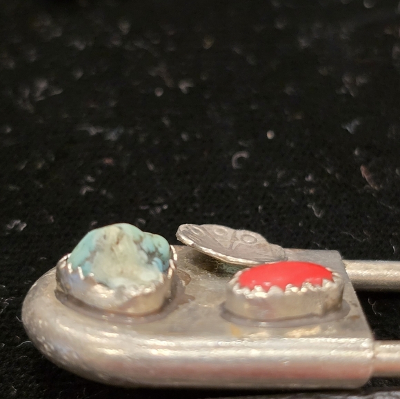 Vtg Native American Silver Blue Stone Coral Giant 3 3/8" Safety Pin Key Ring - Picture 3 of 4